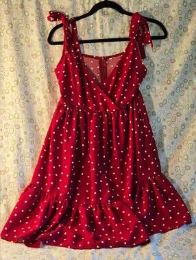 Red Heart Print Midi Dress with Tie Straps
